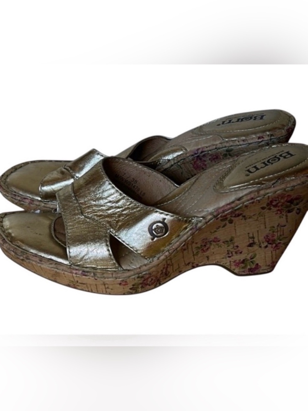 Born Metallic Gold Floral Cork Wedge Slide Sandals 7/38
